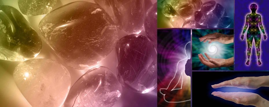 Image of crystals and light coming from a man meditating